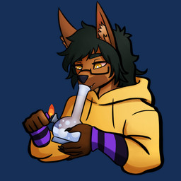 anthro black_hair bong brown_body brown_fur clothing drugs eyewear fur glasses hair jacket male marijuana purple_and_black_arm_warmers smoking smoking_bong smoking_marijuana solo topwear yellow_clothing yellow_eyes yellow_jacket_(clothing) yellow_topwear eskart jonax_brown-fox canid canine fox mammal absurd_res hi_res
