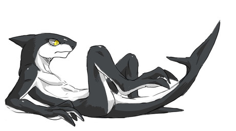 3_fingers 3_toes abs anthro belly biped black_body black_skin digitigrade feet fingers leaning lying male muscular muscular_anthro muscular_male nude on_back pecs pupils simple_background slit_pupils solo surprised tail toes white_background white_belly white_body white_skin yellow_eyes ryuhu_blau aquatic fish shark source_request