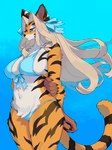 2024 5_fingers anthro blue_eyes bra breasts clothed clothing countershade_torso countershading ear_piercing felid female fingers fur hair hi_res kame_3 long_hair looking_aside mammal markings navel orange_body orange_fur orange_tail pantherine panties piercing side_view simple_background solo standing striped_body striped_fur striped_markings striped_tail stripes tail tail_markings tiger underwear underwear_only