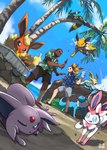 absurd_res aloha_shirt ambiguous_gender beach black_bottomwear black_clothing black_shorts blue_clothing blue_shirt blue_sky blue_topwear bottomwear clothing container cup dark_body dark_skin eevee eeveelution espeon eyes_closed feral flareon food generation_1_pokemon generation_2_pokemon generation_4_pokemon generation_6_pokemon glaceon glass green_clothing green_shirt green_topwear grey_bottomwear grey_clothing grey_shorts group hi_res holding_container holding_cup holding_food holding_object human jolteon leafeon male mammal mark331 nintendo one_eye_closed open_mouth outside palm_leaf palm_tree palms pattern_clothing pattern_shirt pattern_topwear plant pokemon pokemon_(species) shirt short_sleeves shorts sky sylveon topwear tree umbreon vaporeon