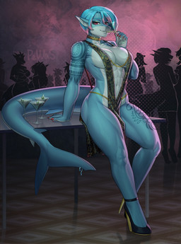 abs alcohol anthro bar beverage big_breasts blue_hair breasts bulge choker cleavage clothed clothing cocktail cocktail_dress cocktail_glass container cup dress drinking drinking_glass facial_piercing footwear furgonomic_piercing furgonomics glass glass_container glass_cup group gynomorph gynomorph_focus hair high_heels intersex intersex_focus jewelry looking_at_viewer martini muscular muscular_gynomorph muscular_intersex necklace nose_piercing party piercing red_eyes serratus shoes short_hair solo_focus tail tail_piercing tattoo pewas claire_everson aquatic fish shark hi_res
