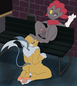 3_toes alley anthro anthro_on_anthro backsack balls bench blep butt claws dominant dominant_anthro dominant_male duo erection feet foot_fetish foot_on_face foreskin genitals glans half-closed_eyes humanoid_genitalia humanoid_penis kneeling male male/male male_anthro narrowed_eyes nude_anthro nude_male partially_retracted_foreskin pawpads penis sitting soles submissive submissive_anthro submissive_male toe_claws toes tongue tongue_out urethra budge_(artist) nintendo pokemon generation_1_pokemon generation_4_pokemon pokemon_(species) raichu weavile absurd_res colored digital_media_(artwork) hi_res