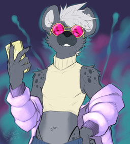 anthro cellphone claws clothing crop_top electronics eyewear fangs femboy fur glasses grey_body grey_fur hair hand_on_hip jacket looking_at_viewer male phone shirt slim small_waist solo spots standing teeth thong topwear underwear white_hair kapri cristyfur hyena mammal spotted_hyena 2022 dated hi_res