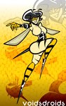 antennae_(anatomy) big_breasts black_hair black_stripes breasts featureless_breasts featureless_feet feet female gesture hair hand_gesture huge_breasts insect_wings pattern_background pointing raised_leg sharp_teeth simple_background smile solo stinger stripes tan_body teeth text thick_thighs visor wide_hips wings yellow_background yellow_body voidsdroids animal_humanoid arthropod arthropod_humanoid humanoid insect insect_humanoid winged_humanoid hi_res