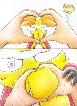 2_panel_comic ambiguous_anthro ambiguous_gender ambiguous_human anthro arm_tuft big_ears blush blush_lines bodily_fluids cheek_tuft disembodied_hand duo eyes_closed facial_tuft fur gesture grabbing_hand hand_on_chest heart_gesture heart_symbol humanoid_pointy_ears inner_ear_fluff larger_anthro multicolored_body multicolored_fur orange_body orange_fur orange_nose pointy_ears pointy_nose pseudo_clothing red_body red_fur shoulder_tuft size_difference sweat teasing teasing_viewer thought_bubble tuft white_body white_fur yellow_body yellow_fur eiroru nintendo pokemon delphox generation_6_pokemon human mammal pokemon_(species) 2026 absurd_res hi_res traditional_media_(artwork)