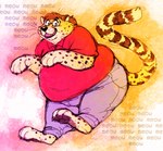 anthro belly brown_hair claws clothed clothing eyewear fur glasses hair male markings meow obese obese_anthro obese_male open_mouth open_smile overweight overweight_anthro overweight_male paw_pose pawpads pose smile solo spots spotted_body spotted_fur tan_body tan_fur text toe_claws berlin cheetah felid feline mammal english_text