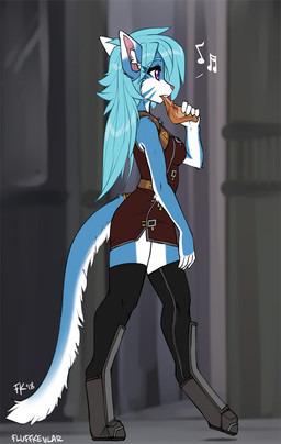 anthro blue_body blue_fur blue_hair boots bottomwear bread breasts clothing digitigrade female food footwear fur hair legwear miniskirt multicolored_body multicolored_fur purple_eyes shoes skirt solo tail thigh_highs toast two_tone_body two_tone_fur walking whistling white_body white_fur conditional_dnp fluff-kevlar vikna_(fluff-kevlar) felid feline mammal 2018 digital_media_(artwork)