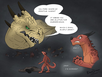 after_transformation anthro clothing curse discarded_clothing feral group horn implied_permanent magic male nervous sound_effects swallowing treasure yapping brownsdragon dungeons_and_dragons hasbro mythology wizards_of_the_coast dragon humanoid kobold mythological_creature mythological_scalie reptile scalie absurd_res hi_res