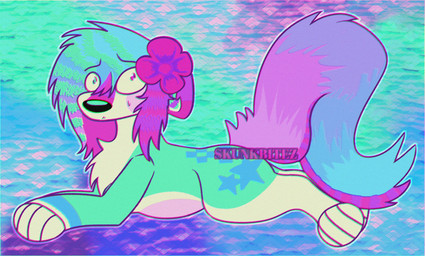 abstract_background accessory ambiguous_gender bodily_fluids countershade_face countershade_fur countershade_torso countershading feral flower flower_in_hair fur glistening glistening_eyes glistening_nose gradient_background gradient_hair gradient_tail hair hair_accessory lying on_front pattern_background paws plant simple_background solo sparklefur sweat username skunkbitez chlorine_(alienvuppy) canid canine canis domestic_dog mammal 2026 chromatic_aberration hi_res watermark