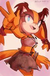 anthro blue_eyes bottomwear brown_body brown_clothing brown_fur clothed clothing female fur furgonomics gesture hand_gesture orange_body orange_fur pink_background simple_background skirt solo tail tail_through_skirt v_sign spacecolonie sega sonic_boom sonic_the_hedgehog_(series) sticks_the_jungle_badger badger mammal mustelid musteline 2014 2:3 hi_res