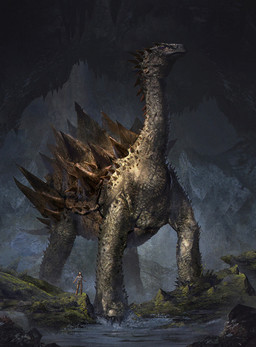 ambiguous_gender bottomwear brown_body clothing detailed_background duo extreme_size_difference female feral outside pants rock size_difference standing tail water gerryarthur dinosaur human mammal prehistoric_species reptile scalie 2015 digital_media_(artwork)
