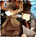 anthro apple clothing coat duo female food fruit hat headgear headwear london male plant smoke smoking smoking_pipe street tobacco_pipe top_hat topwear trenchcoat toumitu level-5 professor_layton_(series) sherlock_hound_(series) professor_layton sherlock_hound canid canine canis domestic_dog mammal