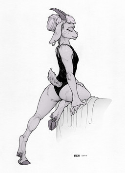 anthro butt clothing cloven_hooves ear_piercing eyes_closed female floppy_ears fur furgonomics grey_body grey_fur hair hair_bun hooves horn leotard piercing raised_tail short_tail simple_background solo tail tight_clothing white_background ecmajor bovid caprine goat mammal 2015 greyscale hi_res monochrome sketch traditional_media_(artwork)