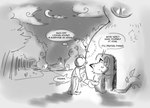 anthro breasts building crescent_moon dialogue featureless_breasts female forest house male moon plant text tree lilmoonie hoshi_(lilmoonie) canid canine fox human mammal 2021 comic english_text greyscale monochrome