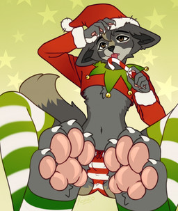 anthro bell bottomwear bow_panties bow_underwear brown_eyes bulge cheek_tuft chest_tuft christmas_clothing christmas_headwear claws clothing crop_top detailed_bulge facial_tuft feet foot_focus fur green_background grey_body grey_fur hat headgear headwear holding_candy_cane holidays legwear licking_candy_cane long_sleeve_shirt looking_up male navel panties pattern_bottomwear pattern_clothing pattern_legwear pattern_panties pattern_stockings pattern_underwear pawpads paws pink_pawpads santa_hat shirt simple_background sitting small_waist solo spread_legs spreading stockings striped_bottomwear striped_clothing striped_legwear striped_panties striped_stockings striped_underwear stripes tail tongue tongue_out topwear tuft underwear white_claws konejo christmas canid canine canis mammal wolf 2025 colored_sketch digital_drawing_(artwork) digital_media_(artwork) flat_colors hi_res sketch