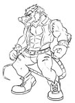 anthro bottomwear clothing humanoid_hands male muscular muscular_male pants simple_background solo topwear vest microminag brok_the_investigator cowcat_games squealers_chief mammal murid murine rat rodent absurd_res concept_art hi_res monochrome official_art