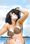 2024 alternate_species anthro bettie_page bikini black_hair blue_eyes clothed clothing day female fur furrification hair hand_in_hair haplorhine hi_res lipstick long_hair makeup mammal midriff monkey navel open_mouth outside pinup pose primate red_lipstick redustheriotact seaside sky solo swimwear tan_body tan_fur thin_eyebrows touching_hair