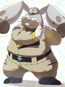 anthro armor blush bottomwear clothing eyes_closed hard_hat headgear helmet humanoid_hands kemono male overweight overweight_male pants pink_nose shirt simple_background smile solo standing topwear emufu nintendo pokemon diggersby generation_6_pokemon pokemon_(species) 2025 3:4 hi_res