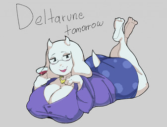 2_horns anthro big_breasts blue_bottomwear blue_clothing blue_skirt blushing_at_viewer bottomwear breasts chalkboard cleavage clothed clothed_anthro clothed_female clothing collared_shirt container crossed_legs cup desk detailed_background dress_shirt drinking_glass eyelashes eyewear female floppy_ears front_view fur furniture gender_symbol glass glass_container glass_cup glasses gold_(metal) head_horn heart_charm holding_container holding_cup holding_drinking_glass holding_object holding_wine_glass horn jewelry long_ears lop_ears lying_on_ground mature_female necklace nipple_outline on_ground ovaries panties purple_clothing purple_shirt purple_topwear sex_education shirt skirt smile smiling_at_viewer solo symbol table text topwear underwear white_body white_ears white_fur white_horn wine_glass nupi deltarune deltarune_tomorrow_(meme) undertale_(series) toriel boss_monster_(undertale) bovid caprine goat mammal hi_res