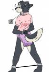 anthro blue_eyes blush bodily_fluids clothing collar cuff_(restraint) diaper femboy genital_fluids heart_symbol male padding paws purple_diaper restraints shackles solo spread_legs spreader_bar spreading unclean_diaper urine used_diaper wet wet_diaper wetting codeine keeper_utonagan canid canine canis domestic_dog mammal mixed_breed utonagan hi_res