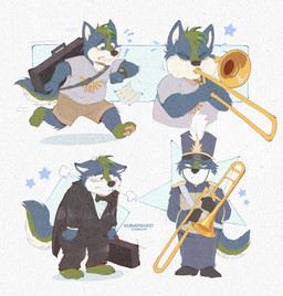 anthro blush blush_lines bodily_fluids bottomwear bow_ribbon brass_instrument briefcase clock clothing fur holding_object male multicolored_body multicolored_fur musical_instrument playing_music shorts simple_background slightly_chubby star sweat sweatdrop text trumpet watch wind_instrument wristwatch cruepocket kazan_(kazan.k) canid canine canis mammal wolf artist_name hi_res