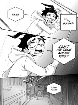 aged_up ahoge black_hair clothed clothing dialogue eyewear glasses hair human_only male not_furry open_mouth raining round_glasses running solo speech_bubble text topwear inimoose invader_zim nickelodeon dib_membrane human mammal comic digital_media_(artwork) english_text hi_res monochrome