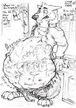 anthro belly big_belly bone_imprints digestion duo fatal_vore imprint male officer overweight police police_officer rumbling_stomach solo_focus unwilling_prey vore anxiousboar canid canine canis mammal wolf absurd_res hi_res sketch traditional_media_(artwork)