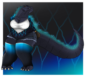 angry anthro arms_tied bagged big_breasts bound breasts female glowing hands_behind_back overweight overweight_female rope snarling solo spikes teeth thick_thighs lovemummification godzilla_(series) toho godzilla kaiju reptile scalie hi_res