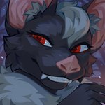 ambiguous_gender anthro black_body black_fur cheek_tuft facial_tuft fangs front_view fur grey_hair grin hair looking_at_viewer pink_inner_ear pink_nose red_eyes short_hair smile solo teeth tuft corzh77 bat mammal 1:1 bust_portrait hi_res portrait