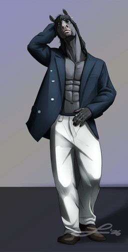 5_fingers abs anthro biped clothed clothing ear_piercing finger_tattoo fingers hand_behind_head hand_tattoo knuckle_tattoo male male_anthro muscular muscular_anthro muscular_male pecs piercing plantigrade ring shirtless shirtless_anthro shirtless_male solo tattoo lakhanto bts jungkook_(bts) equid equine horse mammal hi_res