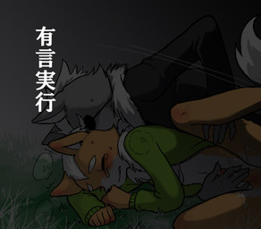 anthro clothed clothing countershade_neck countershading daww duo fur genitals grey_body grey_fur group humanoid_genitalia humanoid_penis kemono male male/male male_penetrating orange_body orange_fur penetration penis text white_body white_fur kiiko nintendo star_fox fox_mccloud wolf_o'donnell canid canine canis fox mammal wolf 2011 comic japanese_text low_res translation_request