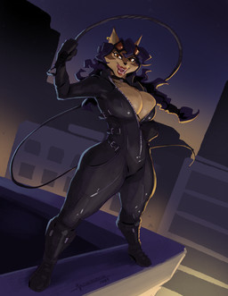 anthro big_breasts black_bodysuit black_clothing black_hair black_skinsuit bodysuit boots breasts brown_body brown_fur city cityscape cleavage clothed clothing cosplay crossover_cosplay curvy_figure ear_piercing ear_ring female footwear fur gloves hair handwear high_heeled_boots high_heels huge_breasts licking licking_lips long_hair multicolored_body multicolored_fur night open_mouth outside piercing ring_piercing shoes skinsuit solo tan_body tan_fur teeth thick_thighs tight_clothing tongue tongue_out two_tone_body two_tone_fur voluptuous whip wide_hips mainlinemojo sly_cooper_(series) sony_corporation sony_interactive_entertainment sucker_punch_productions carmelita_fox catwoman canid canine fox mammal 2025 absurd_res crossover hi_res