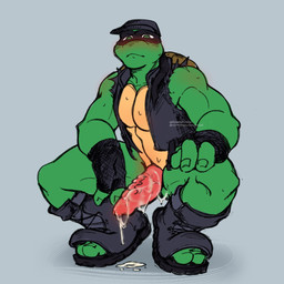 animal_genitalia animal_penis anthro blush bodily_fluids boots clothed clothing crouching cum cum_on_penis cum_string erection footwear genital_fluids genitals green_body grey_background hat headgear headwear jacket looking_at_viewer male mask open_clothing open_jacket open_topwear penis shell shoes simple_background slit_penis solo spread_legs spreading topwear vein veiny_penis vest relatedturtles teenage_mutant_ninja_turtles raphael_(tmnt) reptile scalie turtle 1:1 digital_media_(artwork) hi_res