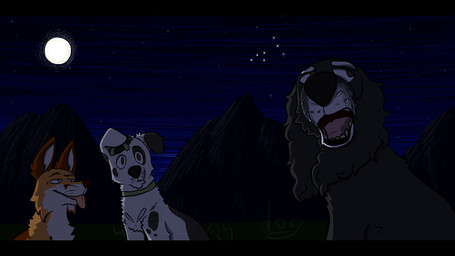 ambiguous_gender bandage bandaged_head black_body black_fur black_nose brown_eyes collar constellation detailed_background eyebrows feral floppy_ears folded_ears full_moon fur green_collar group lop_ears moon mountain night open_mouth orange_body orange_fur outside pink_tongue sky star teeth tongue tongue_out trio whiskers white_body white_fur yellow_eyes les-papillons the_plague_dogs rowf_(the_plague_dogs) snitter_(the_plague_dogs) the_tod canid canine fox fox_terrier mammal red_fox true_fox 16:9 2015 aliasing cel_shading digital_drawing_(artwork) digital_media_(artwork) hi_res letterbox shaded widescreen