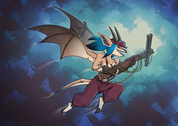 anthro black_hair_tip blue_hair bottomwear clothing cosplay costume ear_piercing female flesh_tunnel flying fur gauged_ear hair hat headgear headwear hooves horn pants piercing plant ponytail solo spread_wings tail tan_body tan_fur teeth teeth_showing vines weapon wings yellow_eyes diaminerre deadlock_(game) valve ivy_(deadlock) layla_(mrdirt) antelope bovid gargoyle gazelle mammal