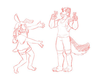 anthro bottomwear clothing duo ear_piercing eyebrow_piercing facial_hair facial_piercing fangs female fur gesture grin hand_gesture male markings muscular muscular_anthro muscular_male nipples piercing presenting shirt shorts smile tank_top teeth topwear v_sign white_body white_fur zordykeaboo home_zomewhere_else fred_kent jenny_(hze) canid canine canis domestic_dog german_shepherd herding_dog lagomorph leporid mammal pastoral_dog rabbit sketch