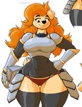 anthro armor big_breasts breastplate breasts clothing female fur gauntlets gloves hair handwear headgear helmet hip_armor holding_object knight knight_armor legwear long_hair looking_at_viewer pose shoulder_pads simple_background smile smiling_at_viewer solo tail thick_thighs thigh_gap thigh_highs underwear warrior white_background wide_hips yellow_body yellow_fur danonymous amelia_steelheart canid canine canis domestic_dog mammal hi_res unavailable_at_source