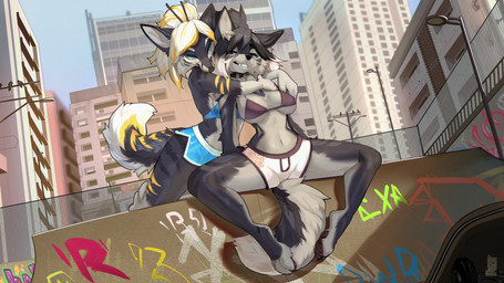 accessory anthro biped breasts claws clothed clothed_anthro clothed_female clothing countershade_torso countershading day duo eyewear feet female fingers front_view fur glasses hair hair_accessory hair_sticks looking_at_viewer navel outside pawpads paws sitting sky tail teeth text toes cocoline_(artist) lorna_(sevenn) canid canine canis mammal wolf 2025 absurd_res digital_drawing_(artwork) digital_media_(artwork) english_text hi_res huge_filesize