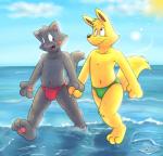 anthro black_body black_fur bulge clothing duo fur hand_holding male male/male smile speedo swimwear water wet yellow_body yellow_fur roarey_raccoon kaiketsu_zorori prince_arthur_(kaiketsu_zorori) zorori canid canine felid fox mammal pantherine