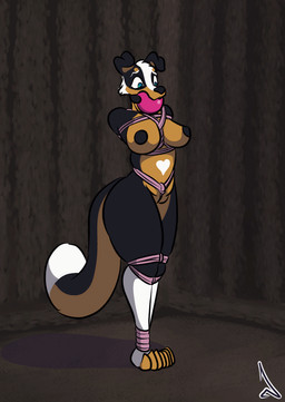 anthro areola ball_gag bdsm belly belly_markings biped black_body black_fur black_nose bondage bound breasts brown_body brown_countershading brown_fur button_ears cheek_tuft countershade_face countershade_torso countershading dipstick_tail eyebrows facial_tuft female floppy_ears fur gag gagged genitals hands_tied_behind_back heart_(marking) humanoid_genitalia humanoid_vulva leg_markings markings medium_breasts nipples restraints rope rope_bondage rope_harness socks_(marking) solo struggling tail tail_markings tuft vulva white_body white_fur white_markings raevild pinereese border_collie canid canine canis collie domestic_dog herding_dog mammal pastoral_dog sheepdog 2026 2d_animation animated hi_res