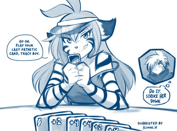 5_fingers anthro biped breasts card clothed clothed_anthro clothed_female clothing duo female fingers first_person_view front_view fur hair hat headgear headwear holding_playing_card licking licking_lips licking_own_lips looking_at_viewer off_shoulder playing_card simple_background smile smirk solo solo_focus stripes text thought_bubble tongue tongue_out white_background conditional_dnp tom_fischbach twokinds uno flora_(twokinds) felid keidran mammal pantherine tiger 2026 blue_and_white digital_drawing_(artwork) digital_media_(artwork) english_text hi_res monochrome sketch