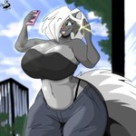 anthro big_breasts bottomwear breasts building cellphone city cleavage clothed clothing cloud curvy_figure electronics female fur hair hair_over_eye huge_breasts multicolored_body multicolored_fur one_eye_obstructed pants phone plant ring selfie sky smartphone solo thick_thighs tongue tongue_out tree two_tone_body two_tone_fur white_body white_fur white_hair wide_hips chrisandcompany kelsey_sienna mammal mephitid skunk 1:1 2022 absurd_res hi_res watermark