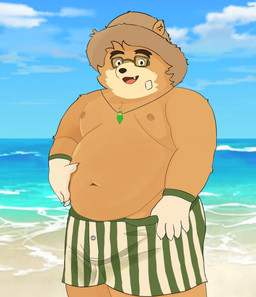 anthro beach belly big_butt butt clothing eyewear glasses hat headgear headwear jewelry male necklace solo straw_hat sunny wearing_glasses lifewonders tokyo_afterschool_summoners volos_(tas) bear mammal hi_res
