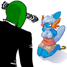 anthro anthrofied bdsm blue_hair bondage bound breasts duo female hair human_on_anthro imminent_rape imminent_sex interspecies kneeling male male/female nipples non-mammal_breasts non-mammal_nipples pokemorph red_eyes rope simple_background white_background unknown_artist nintendo pokemon anon amphibian generation_3_pokemon human mammal mudkip pokemon_(species) 1:1 low_res