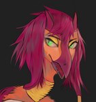 ambiguous_gender anthro beak eyebrows feathers green_eyes horn magenta_hair open_mouth orange_body orange_feathers purple_beak red_tongue solo tongue yellow_eyelids yellow_neck akrolayn avian nevrean 2020 digital_media_(artwork) digital_painting_(artwork) headshot_portrait portrait shaded