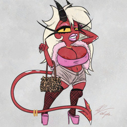 accessory animal_print areola areola_slip barbell_piercing bimbofied blonde_hair bottomwear clothed clothed_female clothed_humanoid clothing eyelashes eyeshadow feather_boa female fingernails fishnet_stockings footwear furgonomic_piercing furgonomics glistening_eyelids grey_background hair high_heels horn hotpants jewelry leopard_print lips lipstick long_eyelashes long_fingernails long_hair makeup markings midriff mole_(marking) nails navel navel_piercing necklace nipple_outline not_furry piercing pink_clothing pink_eyeshadow pink_footwear pink_high_heels pink_lips pink_lipstick pink_topwear pink_tube_top purse red_body red_skin shoes shorts simple_background solo spade_tail tail tail_accessory tail_bracelet tail_jewelry tail_piercing thick_lips topwear tube_top kojot hellaverse helluva_boss millie_(helluva_boss) demon humanoid imp 1:1 2024 hi_res signature