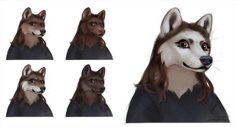 anthro black_clothing black_topwear brown_body brown_eyes brown_fur brown_hair cheek_tuft clothed clothing facial_tuft female female_anthro front_view fur glistening glistening_eyes hair long_hair mouth_closed simple_background solo topwear tuft whiskers white_background white_body white_fur lostgoose canid canine mammal 2024 dated hi_res signature