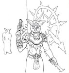 angry anthro armor blood blood_from_wound bodily_fluids bone chaos_star dagger evil_grin facial_markings facial_tattoo gun handgun head_markings horseshoe looking_at_viewer male markings melee_weapon naked_torso pistol ranged_weapon shoulder_pads skull slit_wrist smile solo stub_gun symbol tattoo unconvincing_armor weapon wounded domino2 warhammer_(franchise) warhammer_40000 bloody_mary_(domino2) chaos_cultist canid canine mammal black_and_white monochrome