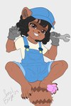 accessory anthro anthrofied brown_body brown_eyes brown_fur claws clothed clothing curling_toes feet female female_anthro fur hat headgear headwear looking_at_viewer low-angle_view overalls pawpads paws pink_pawpads shirt smile smiling_at_viewer solo toe_claws toes tools topwear wrench young young_anthro young_female smol_boye atlantis:_the_lost_empire disney audrey_ramirez mammal procyonid raccoon 2:3 absurd_res hi_res