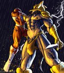 abs anthro armor asphyxiation battle bulge choking clothing duo light low-angle_view male male/male melee_weapon muscular nipples raining sword thong unconvincing_armor underwear weapon iudicium86 power_rangers goldar red_ranger human mammal monster hi_res lighting